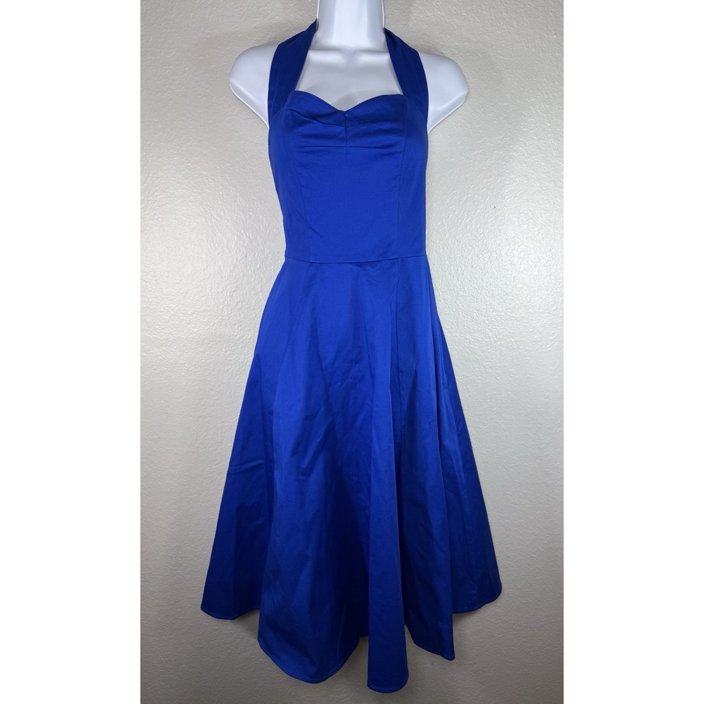 Royal blue vintage-style 1950s rockabilly pin-up halter swing dress Size M